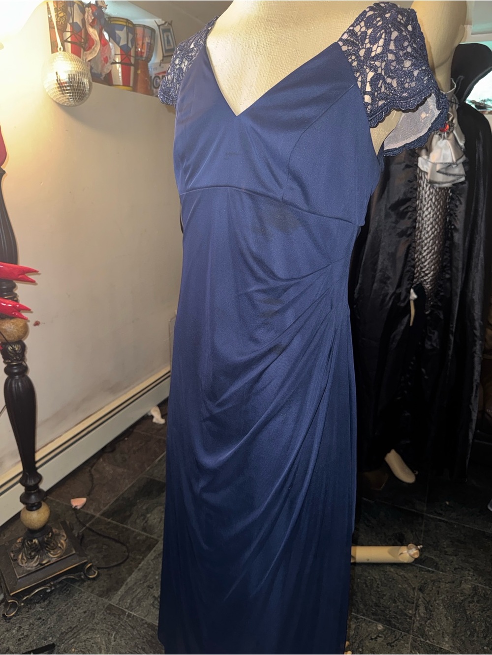 XSCAPE Navy Embellished Lace Cap-Sleeve Evening maxi Dress